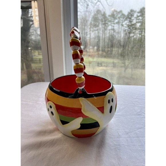 Vintage Halloween Candy Corn 10 X7 Ceramic Treat Bucket Pail Ghost Home Decor - Picture 3 of 7